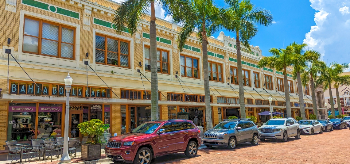 Street with Cafes and Shops in Fort Myers, Florida Street with Cafes and Shops in Fort Myers, Florida