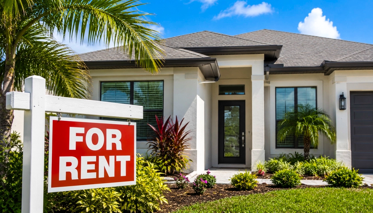 Southwest Florida Rental Home Modern Southwest Florida rental home with a for rent sign in the front yard