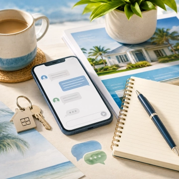 Personal Attention and Communication Real estate communication setup with smartphone, property information, notebook, and house keys
