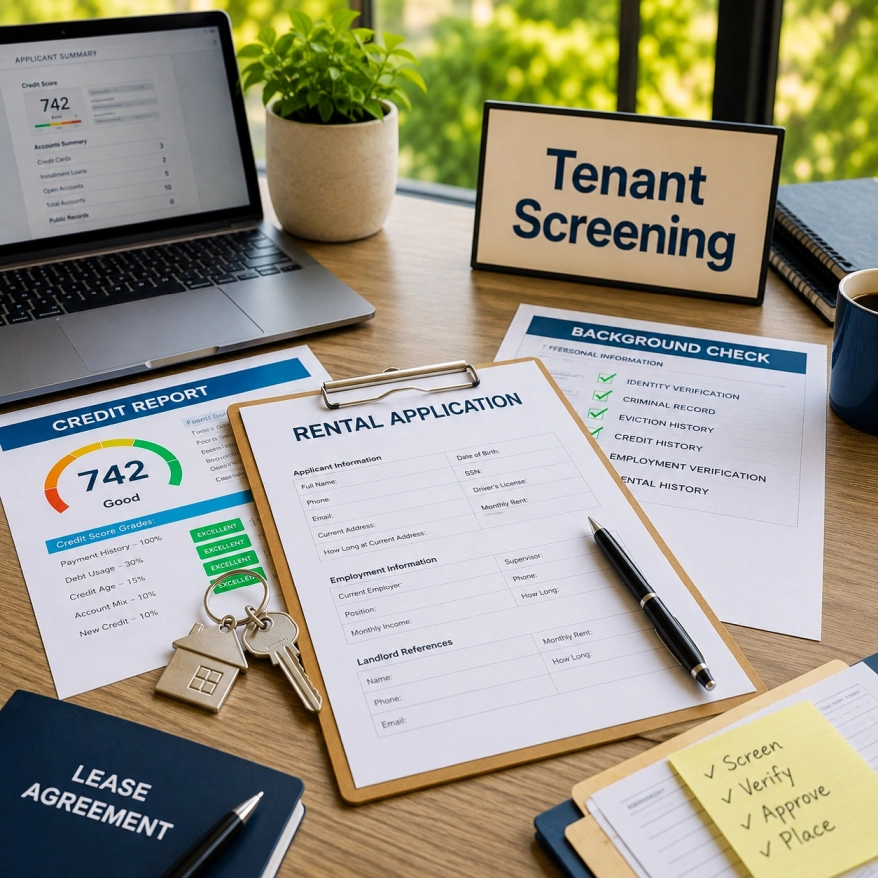 Tenant Screening for Rental Properties Tenant screening documents with rental application, credit report, background check, lease agreement, and house keys