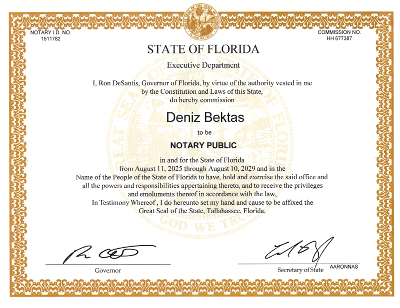 Florida Notary Public License Deniz Bektas