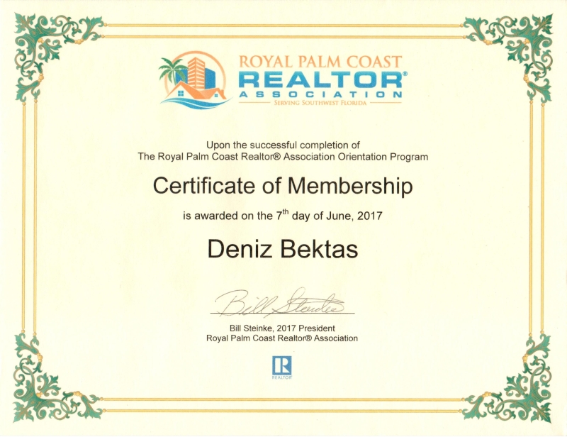 Royal Palm Coast Realtor Association Membership Certificate for Deniz Bektas